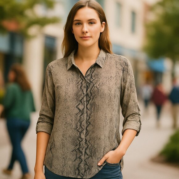 Sweet Rain Tops - Sweet Rain XL Snakeskin Print Button Blouse Black Tan 90s Grunge Retro Sheer